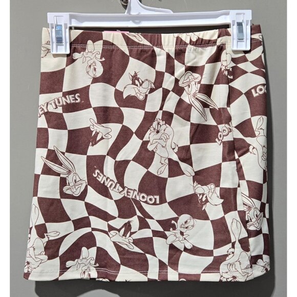Looney Tunes Character Print Brown & Cream Geo Checkered Mini Skirt -- Women XS - Picture 3 of 7
